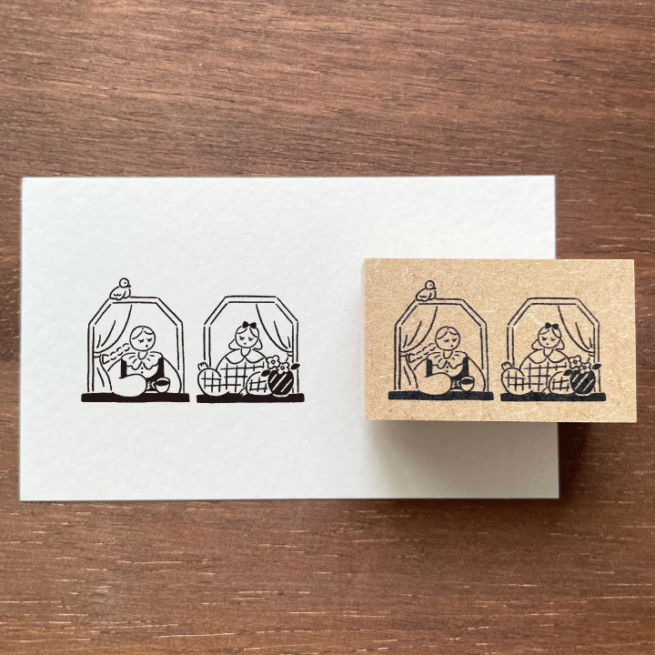 Stamp Marché Wooden Rubber Stamp - Chatting by the window