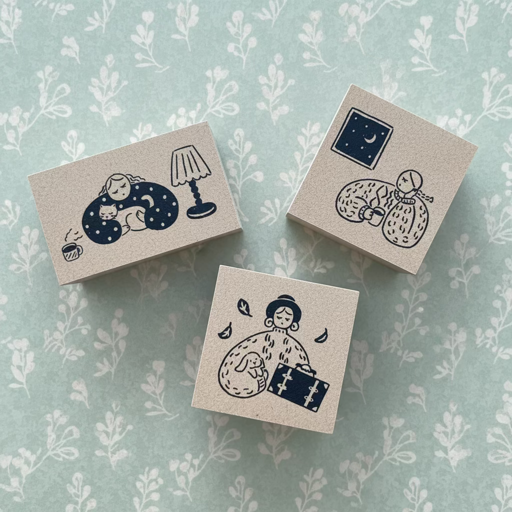 Three small square boxes with illustrated designs on a wooden surface